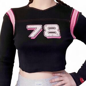 Sz XS/S Y2K Vintage Long Sleeve Cropped Sporty Pink Glitter Tee